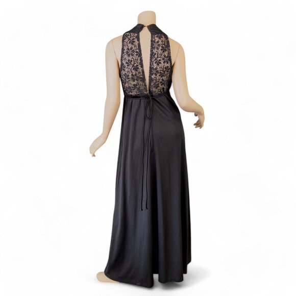 Vintage 1970s Black Halter Maxi Dress with Lace Back * Medium - Picture 3 of 14